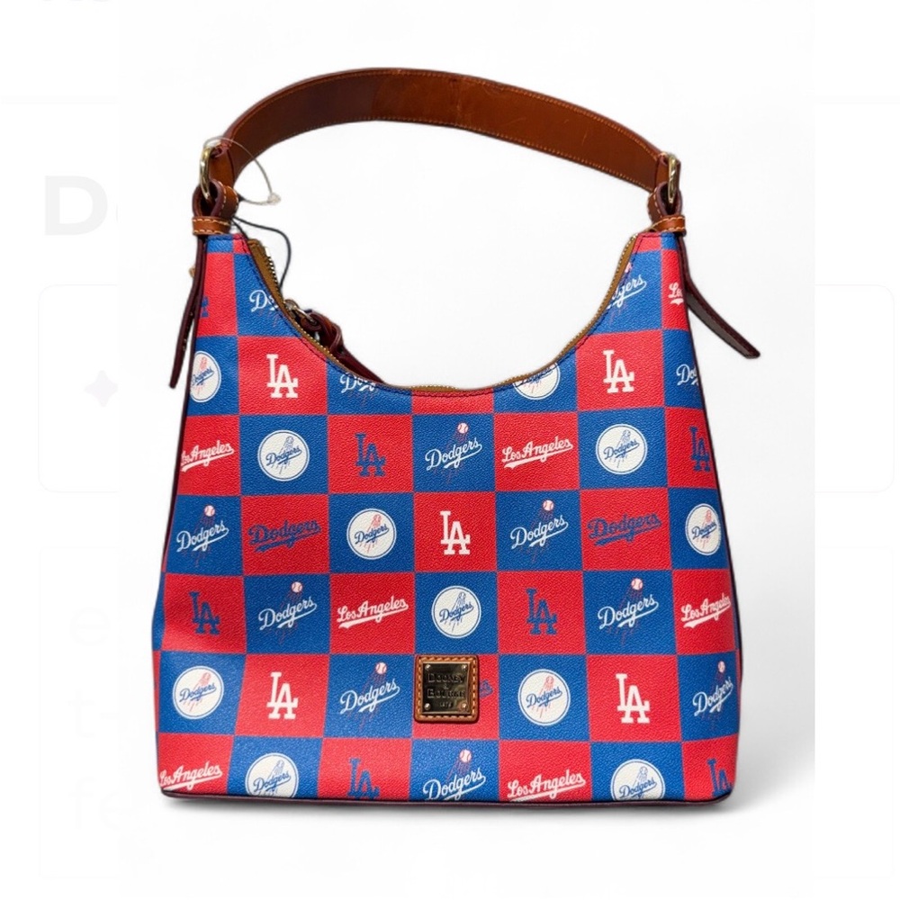 Dooney & Bourke MLB LA Dodgers Hobo Bag in Blue and Red Checkered Coated Cotton.